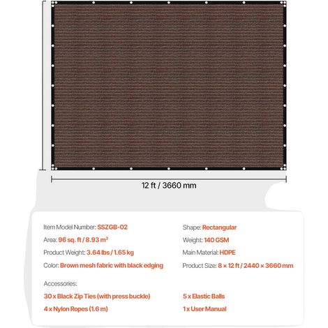 Tela de sombra, protección UV, material HDPE duradero, 140 g/m², 8x12 pies, marrón. (1/2)