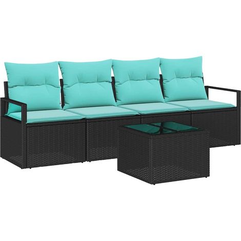 Sofa Set 5 pcs Schwarz und Türkis Poly-Rattan vidaXL