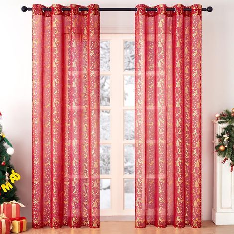 Rideau Voilage 107X244cm Rideau Noel Rideaux Rouge Rideau à Oeillets Chambre Fille Motif de l'arbre de Noël doré,2 Pièce (1/5)