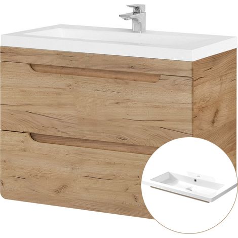 Waschtischunterschrank Set Wotan Eiche 81 cm LUTON-56-CRAFT Keramikbecken B/H/T ca. 81/63/46 cm (1/5)