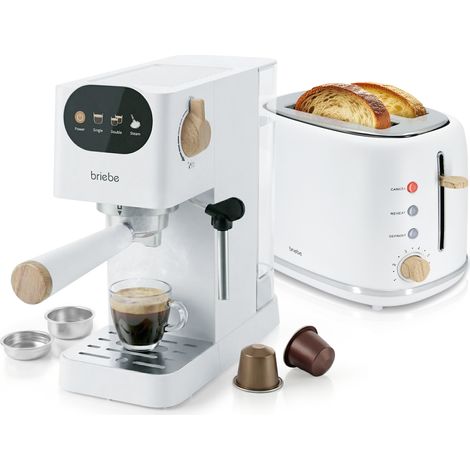 Briebe SKT1221WHT Nordic Set Cafetera 20 Bares Cápsulas, Café Molido Espumador Leche Tostadora 2 Rebanadas Anchas 1350W Blanco (1/5)