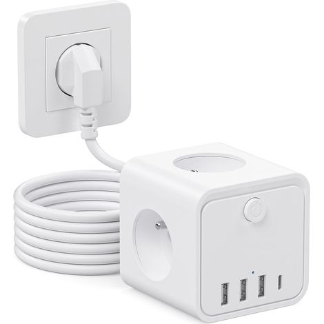 7 en 1 Multiprise USB Multiple 3 Prises Multiple avec 1 Type C et 3 Ports USB, 1.5m Cable Multiprise avec Interrupteur Parafoudre (1/5)