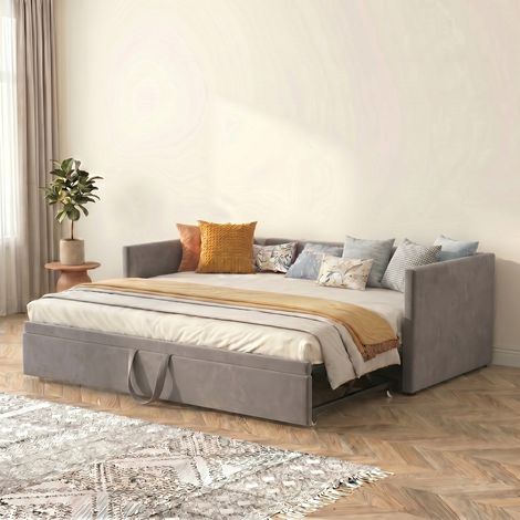 Fortuna Lai – Lit escamotable 90/180x200 cm – Canapé lit convertible 2 places – Sommier à lattes en bois massif – Revêtement velours gris