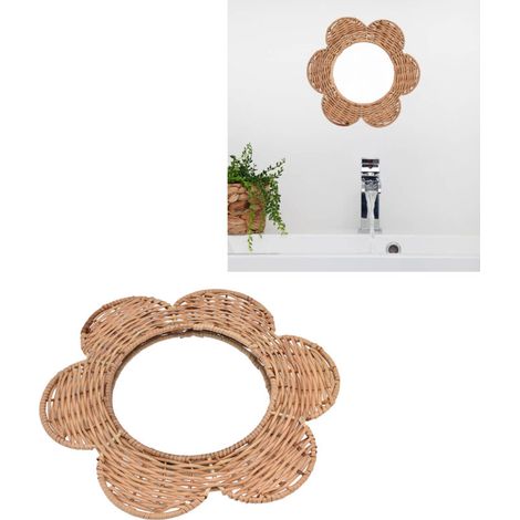 Miroir mural suspendu Exquis Élégant - Design unique en rotin naturel pour Déco Cosmétique - Petit miroir rond pour salon, chambre, salle de bains (28.5x25.5cm, diamètre 15cm) (1/5)