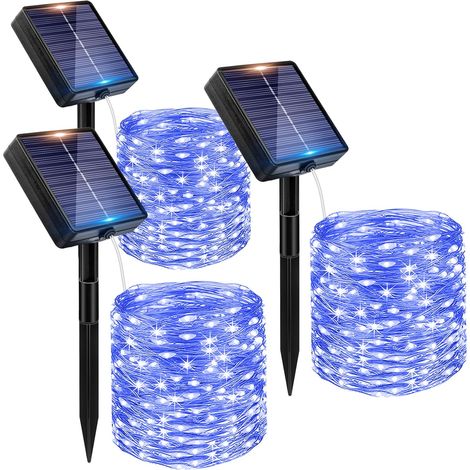 Lot de 3 Guirlande Solaire Exterieur, 3x12M 120 LED Golaire Extérieur IP65 Étanche, 8 Modes Guirlande Lumineuse Exterieure Solaire pour Jardin Terrasse Noël Mariage Fête, Bleu (1/5)