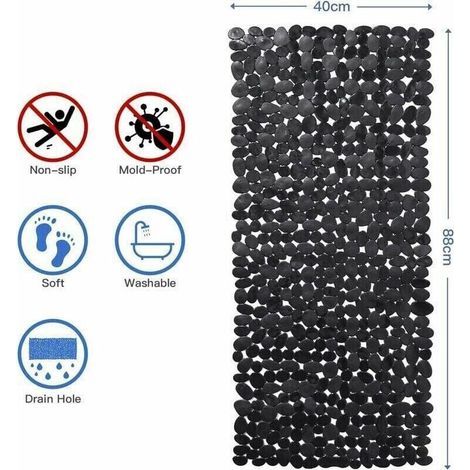 Tapis de douche antidérapant rectangulaire en caoutchouc avec ventouses, 88 x 40 cm, noir, antifongique et design galets (1/3)