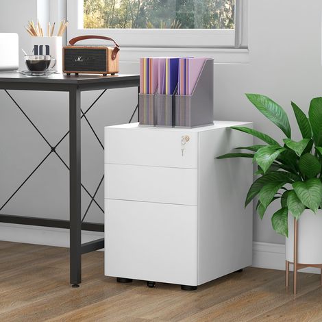 Caisson de bureau mobile à 3 tiroirs, avec serrure centrale, rangement A4/A5, structure en métal blanc, sur roulettes, 39 x 48 x 59 cm, pour bureau et maison - CHICFURN (1/5)