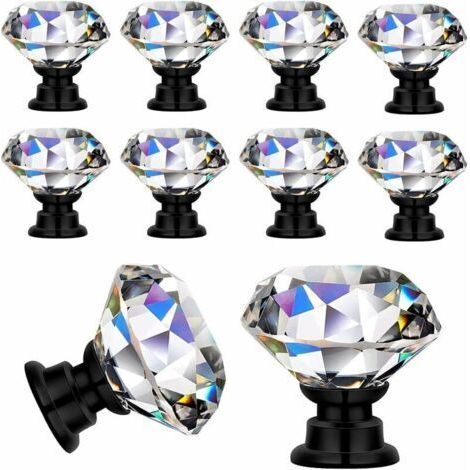 10 Stück transparente Türknöpfe aus Diamantkristallglas für Möbel, Schubladen und Schränke, mit Schrauben, 30 mm (10 Stück, Schwarz)