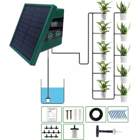 Système d'irrigation goutte à goutte solaire pour jardin, écran numérique, système d'arrosage automatique pour 10 plantes en pot, fleurs et légumes d'intérieur et d'extérieur (1/5)