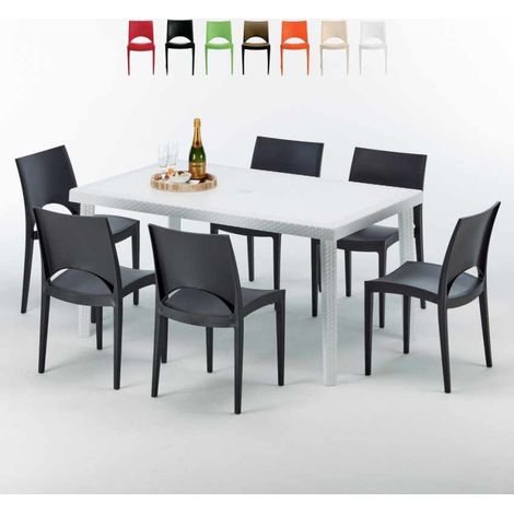 Table Rectangulaire Blanche 150x90cm Avec 6 Chaises Colorées Grand Soleil Set Extérieur Bar Café Paris Summerlife - Noir