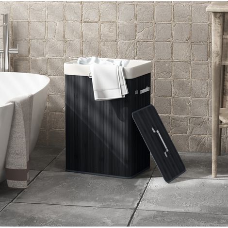 Cesto portabiancheria 40x30x60 cm in bambù e tessuto, nero, con coperchio, salvaspazio – MEUBLIV (1/5)