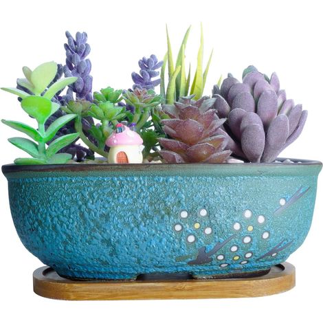 Pot de Fleurs, Pot Bonsaï Rectangulaire Peu Profond Pot de Plantes Succulentes avec Drainage Pot en Céramique pour Plantes de Cactus Décoration Intérieure (1/5)