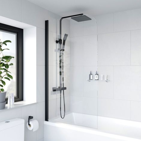 Aquari Curved Bath Shower Screen Door Hinged 800mm Frameless Black Clear Safety Glass (1/4)