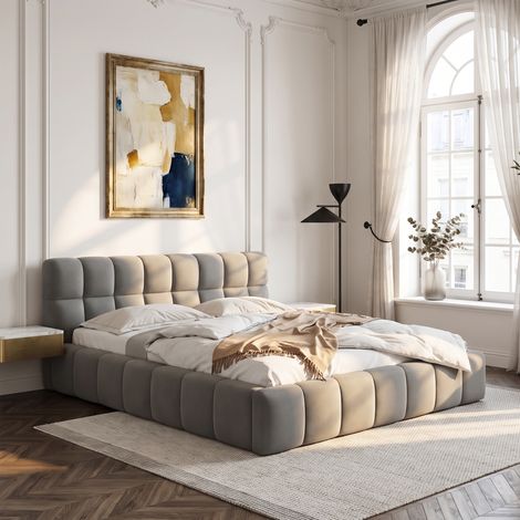 Lit capitonné 140x190, Cadre de lit 140x190 moderne, Lit 2 places avec sommier 140x190, tissu en lin, gris (1/5)