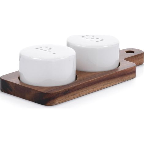 Pfeffer- und Salzstreuer-Set aus Akazienholz, weiß, Holzsockel (1/5)