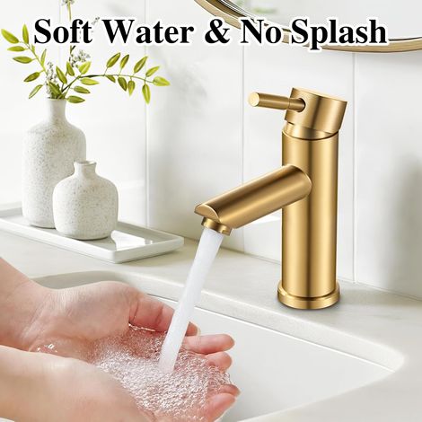 Mitigeur lavabo inox 304 qualité alimentaire – Monotrou manette unique – Réglage eau chaude et froide – Finition doré (1/5)