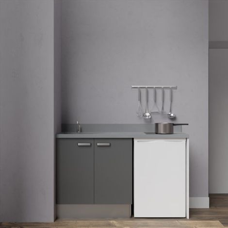 Kitchenette K17L - 140 cm avec plan monobloc et emplacement frigo top-Gris-Cromo-évier à gauche