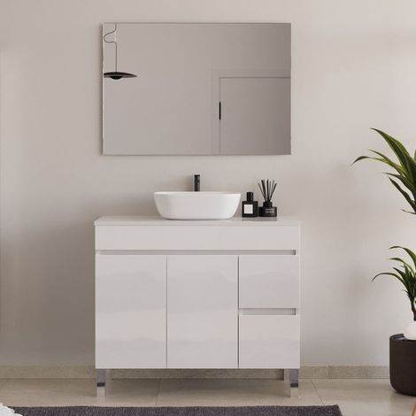 Meuble de salle de bain 90cm sur pieds avec plateau et une cuve à poser arrondie - portes et tiroirs - blanc brillant - HARO