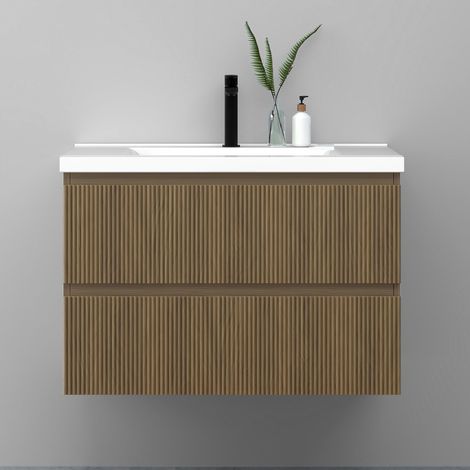 Meuble de salle de bain suspendu Strié 80cm avec simple vasque + 2 tiroirs, Noyer