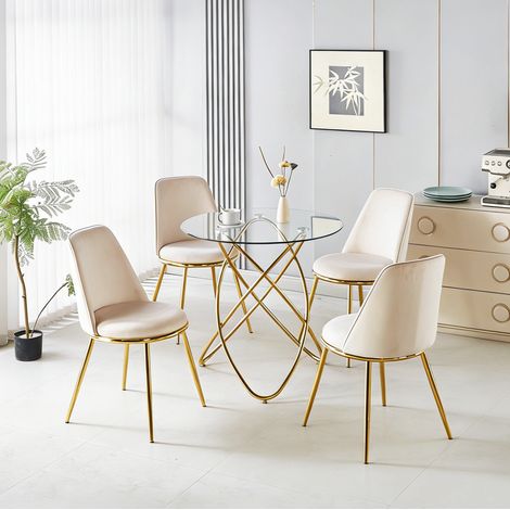 Set tavolo da pranzo 5 pezzi con tavolo rotondo in vetro e 4 sedie in velluto crema bianco (1/5)