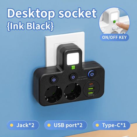 Multiprise de bureau noire 2 prises électriques avec 2 ports USB et 1 port USB C 3 interrupteurs individuels marche arrêt 10 A 2500 W bloc prise compact pour maison bureau et espace de travail (1/2)
