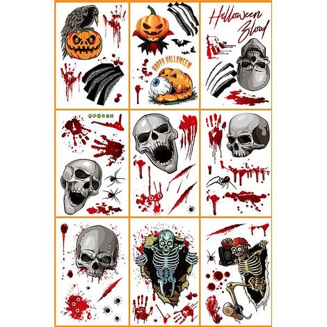 W2329 DEHOBO Autocollants statiques d'Halloween, squelette déchiré effet sanglant, lot de 9 pièces (1/2)