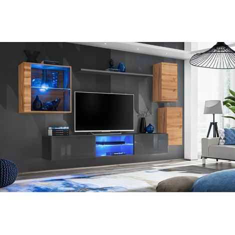 Ensemble meuble TV mural Switch XXIII - L 250 x P 40 x H 140 cm - Gris et marron - Livraison gratuite