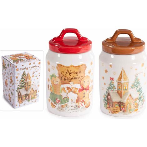 Barattoli / contenitori / biscottiere alimentari in ceramica con decori omini an di zenzero, set da 4 pezzi, Ø 10 cm x 17 H