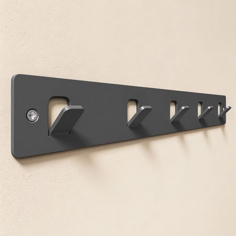 doporro Garderobenleiste mit 5 Haken, Wandgarderobe mit Garderobenhaken, Kleiderhaken Wand, Hakenleiste, selbstklebend oder zum Bohren, für Flur, Bad und Küche, Grau, Stalo-14 (1/5)