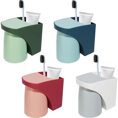 Porte Brosse à Dents Mural - 4 Pièces Porte-gobelet à Dents sans Percer, Support Brosse a Dent avec Gobelet Magnétique Supports Murales pour Salle de Bain (1/5)