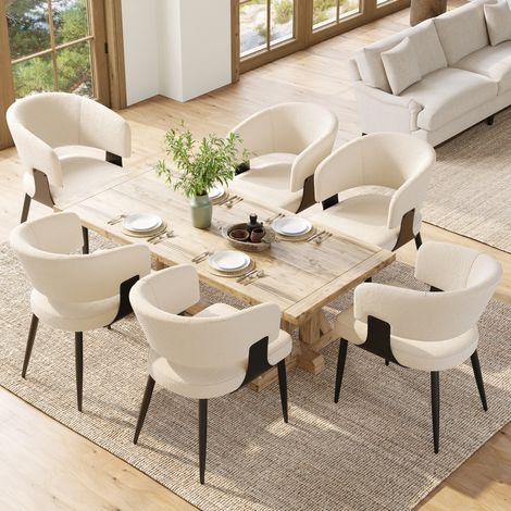 Silla de comedor de tejido efecto franela y metal beige, respaldo curvo ergonómico, 59x46,5x81,5 cm (1/5)