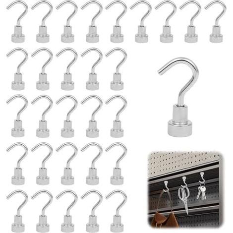 Giona Pack of 30 Heavy-Duty Neodymium Magnetic Hooks with Silver Coating for Hanging Items, Refrigerators, Kitchens, Garages, Offices, Cabinets, Tools, Keys (10 - (1/5)