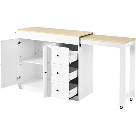 Isla de Cocina con 3 Cajones, Especiero y Encimera Extensible con Ruedas, en MDF, Blanco, 112-186.8 x 45 x 93 cm