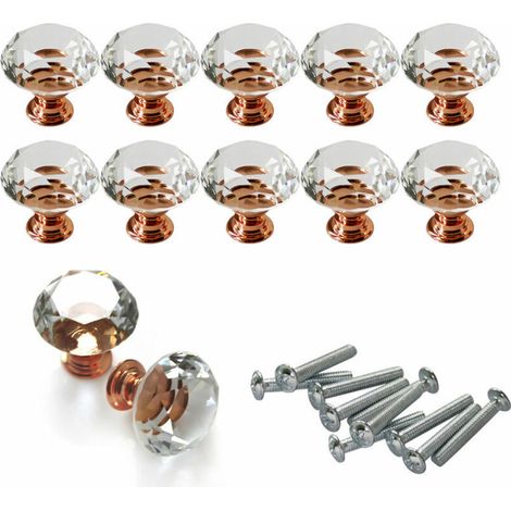 10 pcs Poignée de meuble, 30 mm diamètre, finition or rose, motif diamant, verre cristal et aluminium, pour armoire, tiroir, commode (1/5)