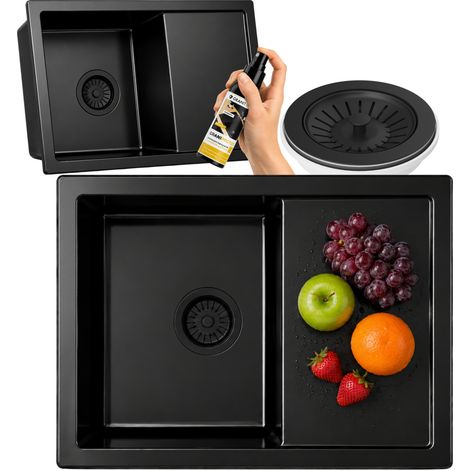 Évier de cuisine en composite granit 1 bac avec égouttoir 65 x 50 cm noir, siphon gain de place et produit d’entretien inclus Kerano 65 (1/5)