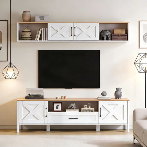 Mobile TV in MDF bianco con vetrina pensile, set parete 180 x 40 x 50 cm, 4 ante, 1 cassetto, per TV fino a 80"