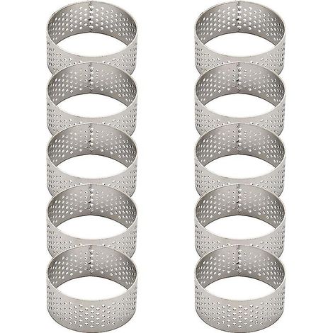 Lot de 10 cercles à tarte ronds en acier inoxydable perforés et sans soudure de 4,5 cm de diamètre, pour quiches et tartes. (1/5)