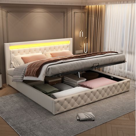 Letto imbottito classico 180x200 cm bianco in PU con testiera alta, rete a doghe, vano contenitore e LED (1/5)