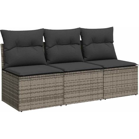 Gartensofa mit Kissen 3-Sitzer Grau Poly Rattan vidaXL