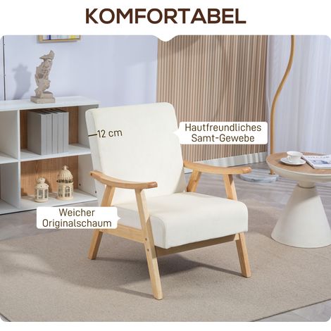 Fauteuil capitonné garni de mousse, cadre en bois d'hévéa, blanc cassé