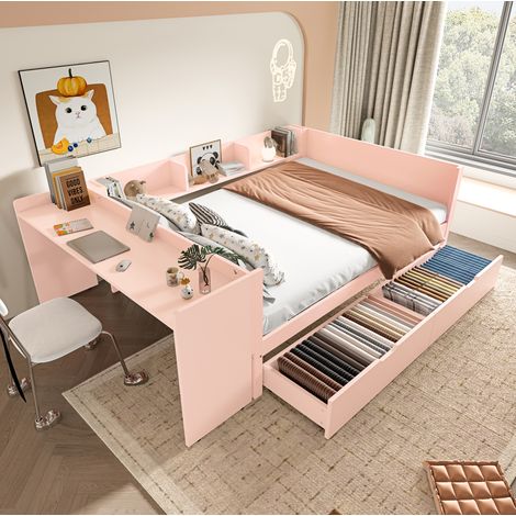 Letto matrimoniale 140x200 cm, con scrivania, 2 cassetti, 3 ripiani, rosa, senza materasso (1/5)