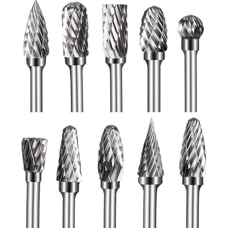 Fraises sur tige en Carbure de Tungstène à Double Coupe, 10 pièces Kit de fraises rotatives de 1/8” Tête d'affûtage de 6 mm pour Sculpture sur bois, Polissage métaux, Gravure, Perçage (1/5)