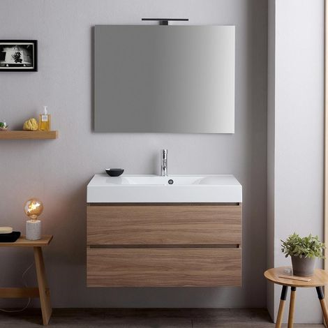 Mueble De Baño 90Cm Roble Natural Con Lavabo Blanco Y Espejo Valentina (1/5)