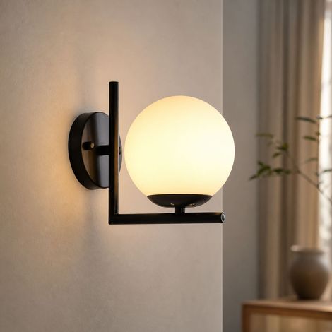 Applique murale LED design fluide, abat-jour en verre et corps en fer noir, éclairage sans scintillement, diamètre 13cm, ampoule incluse (1/5)