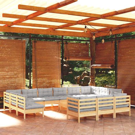 Set divani da giardino 14 pz modulare in legno massello di pino con cuscini grigi - PANGIVO (1/5)