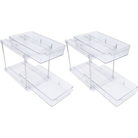 Organisateur de placard vertical coulissant à 2 niveaux, multifonctionnel, transparent, pour épices, idéal pour les placards de cuisine et les plans de travail de salle de bain. (1/5)