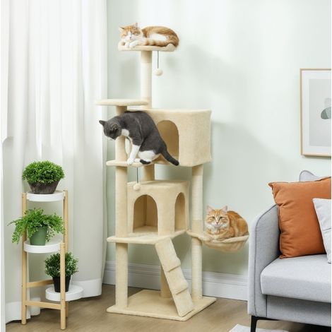 Arbre à chat 48x48x160 cm en polyester beige, gain de place pour salon FloraGrace (1/5)