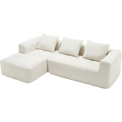 Divano angolare L in ciniglia beige con chaise longue, 3 cuscini, tasche laterali (1/5)