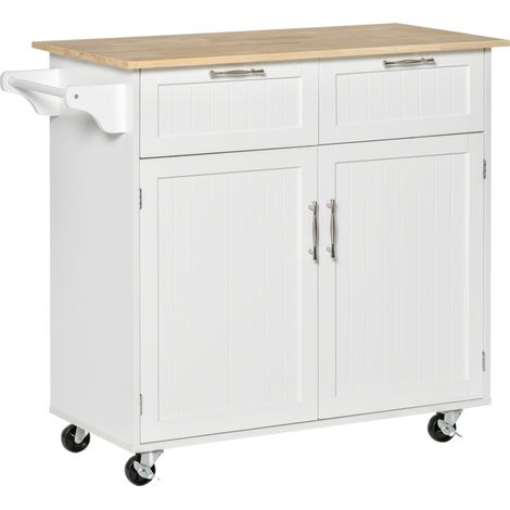 Îlot cuisine chariot roulettes plateau caoutchouc 2 tiroirs étagères réglables MDF 104x46x91cm, blanc