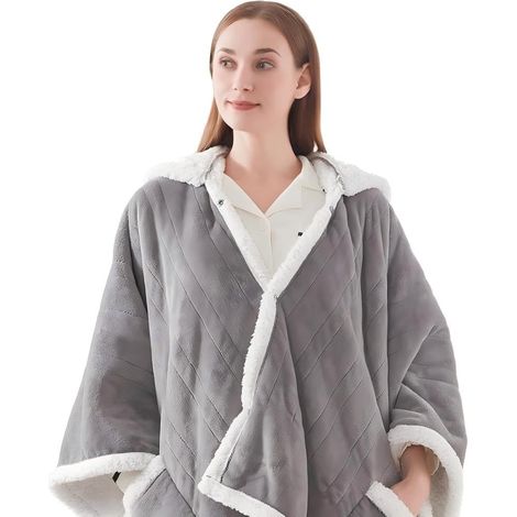 Couverture chauffante portable, poncho chauffant électrique avec poches, 6 niveaux de chaleur et arrêt automatique de 2 à 10 heures, beige, 127 x 152,4 cm